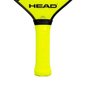Top-down view of a yellow pickleball paddle with a HEAD logo and USAPA approved stamp.