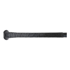 Side view of a black baseball bat with a textured grip and a rounded end cap.