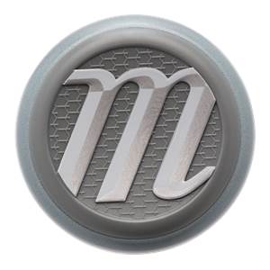 End cap view of a grey baseball bat with a silver M logo on a honeycomb pattern.