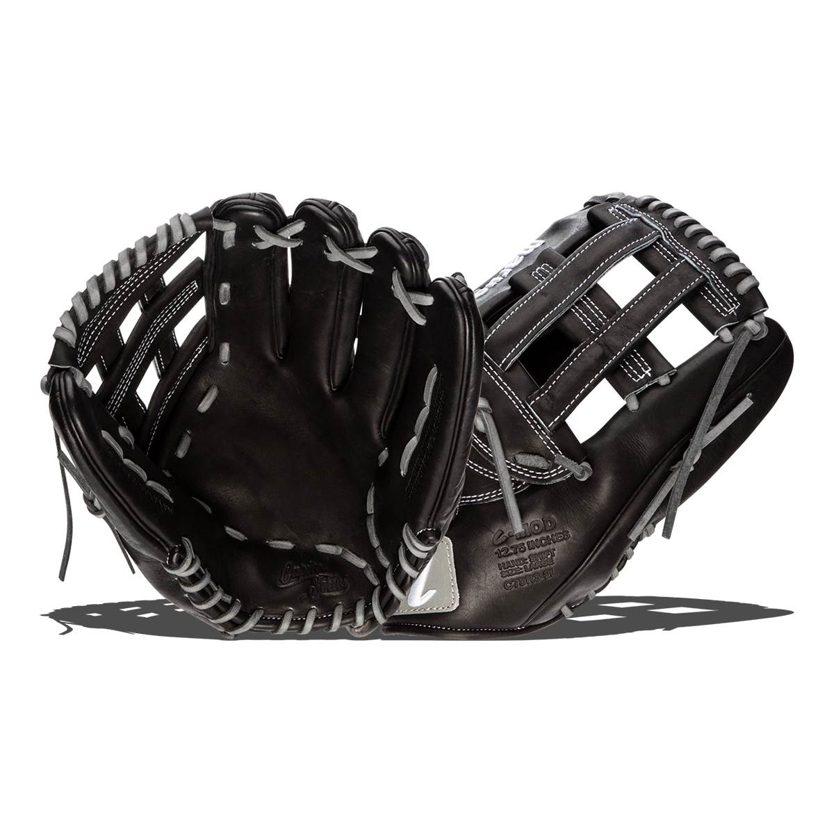 Top-down view of black baseball gloves with white stitching and a gray Marucci logo.