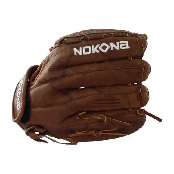 Side view of a brown Nokona softball glove with white NOKONA branding and visible lacing.