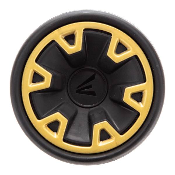 Top-down view of a black baseball bat end cap with gold accents and an Easton logo.