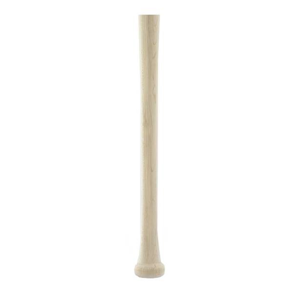 Side view of a light wood baseball bat with a flared knob and smooth barrel.