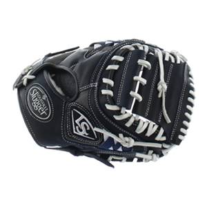 Side view of a black Louisville Slugger baseball glove with white lacing and LS logo.