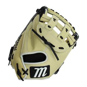 Top-down view of a tan catchers mitt with black lacing and an m logo.