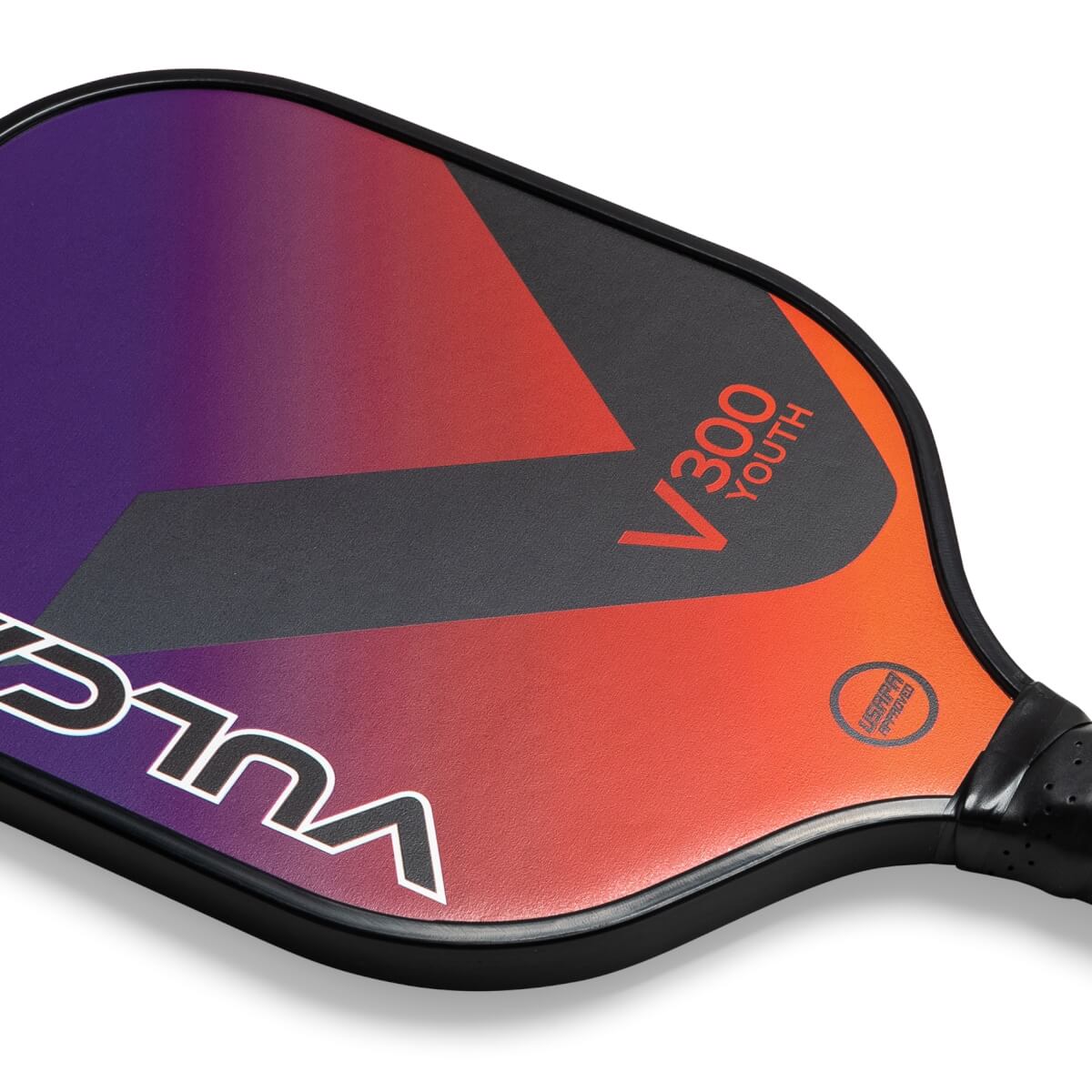 Corner view of a purple, orange, and black pickleball paddle with V300 YOUTH and USAPA APPROVED text.