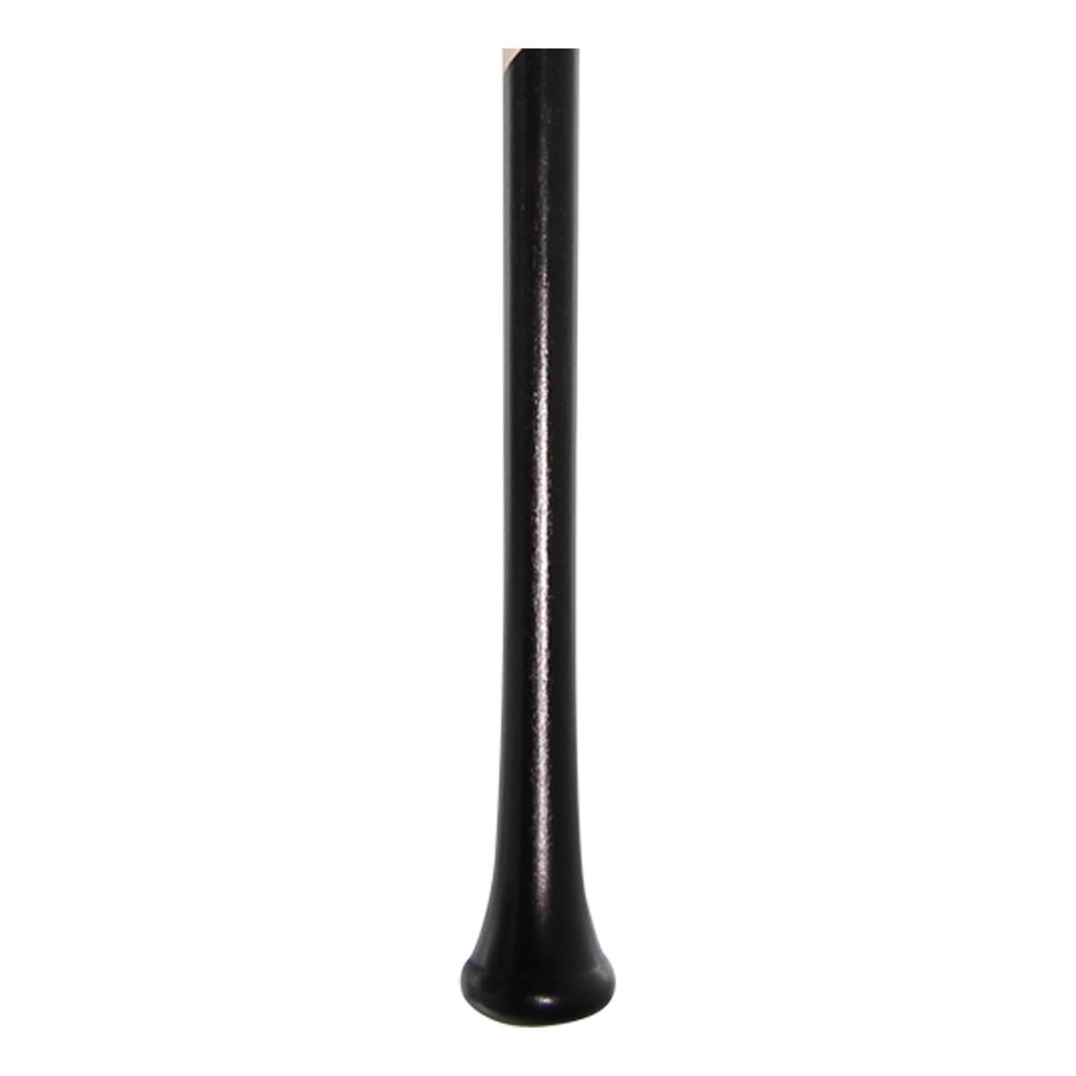 Side view of a black baseball bat with a flared knob.