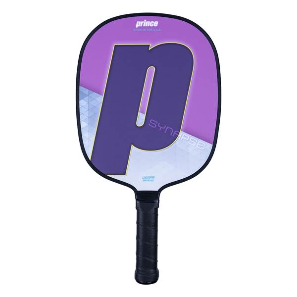 Front view of a purple pickleball paddle with a large P graphic, SYNAPSE text, and a black grip.