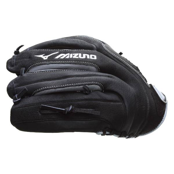 Side view of a black softball glove with white Mizuno branding and gray stitching.