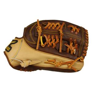 Side view of a brown and tan baseball glove with yellow stitching and visible lacing.