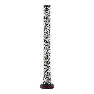 Side view of a black baseball bat with a white, red, and black geometric grip pattern and a black end cap.