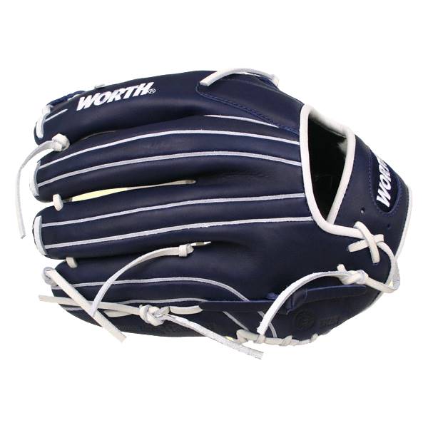 Front view of a navy blue baseball glove with white stitching and WORTH logo.