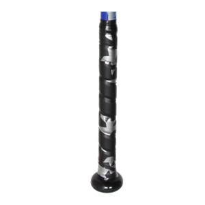 Close-up of a black baseball bat grip with silver star pattern and blue accents.
