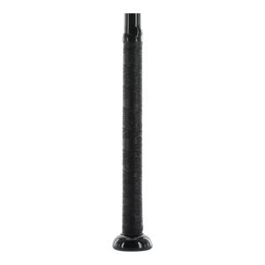 Close-up of a black baseball bat handle with a patterned grip and a black end cap.