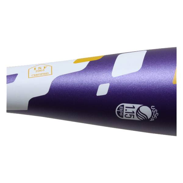 Close-up of a purple softball bat with white and yellow accents, ISF 2005 CERTIFIED, and USSSA 1.15 BPF logos.