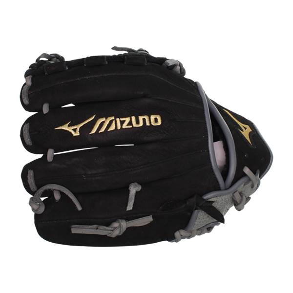 Front view of a black baseball glove with gold Mizuno branding and grey lacing.