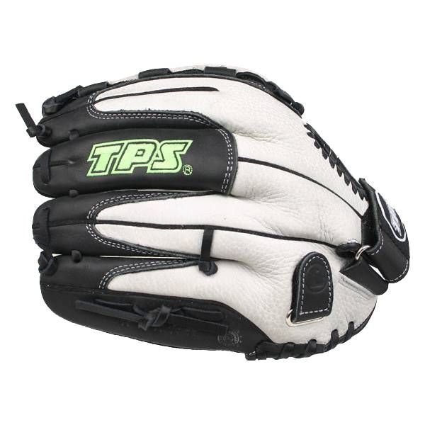 Side view of a white and black baseball glove with TPS logo and white stitching.
