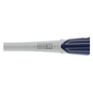 Side view of a white baseball bat with blue accents, BBCOR CERTIFIED, and 50 markings.