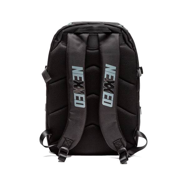 Back view of a black backpack with padded straps and NEXXED branding.