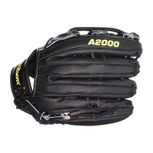 Front view of a black baseball glove with yellow A2000 branding and Wilson logo.