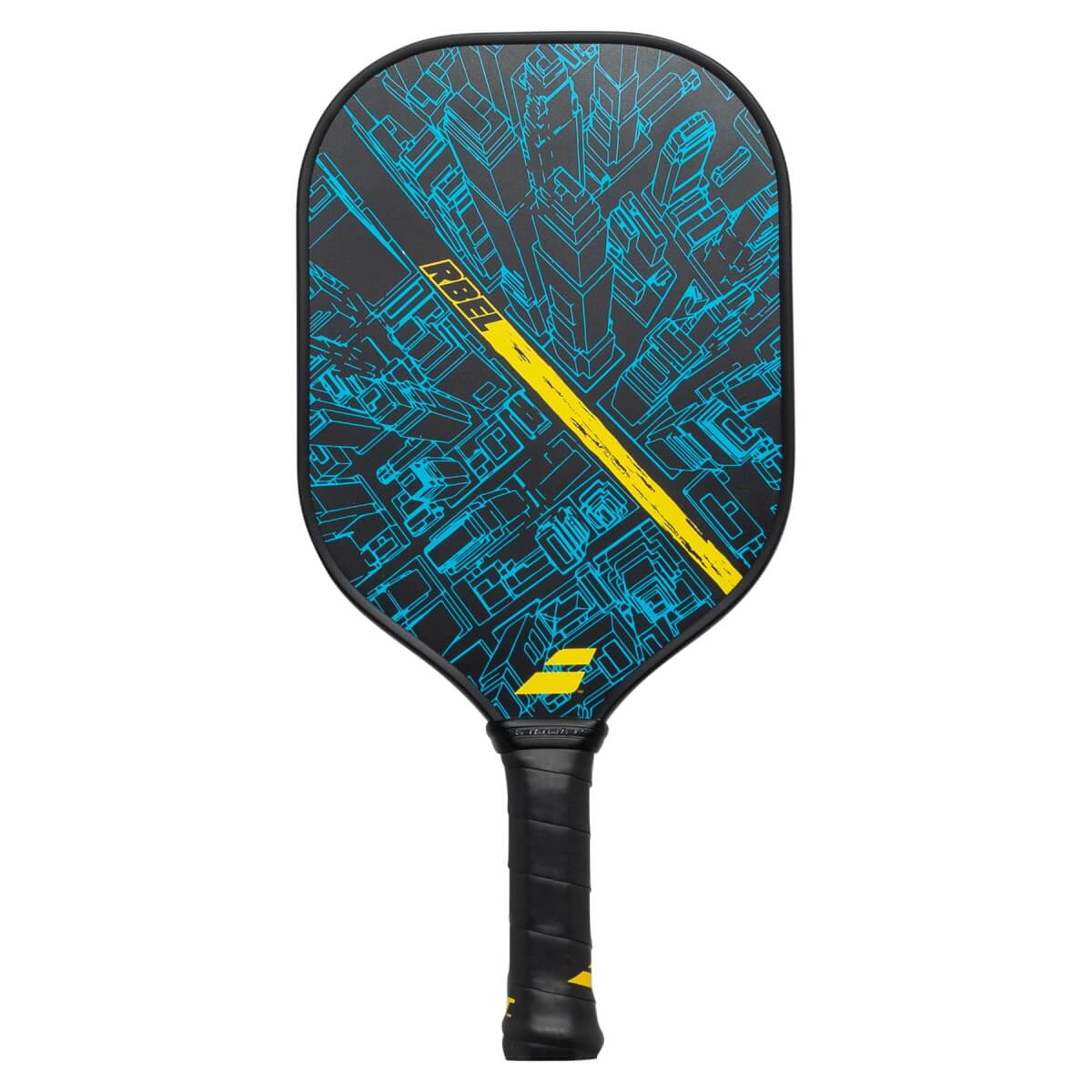 Front view of a black pickleball paddle with a blue city graphic, yellow diagonal stripe, and RBEL text.