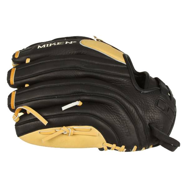 Side view of a black and tan fastpitch glove with Miken branding and tan lacing.