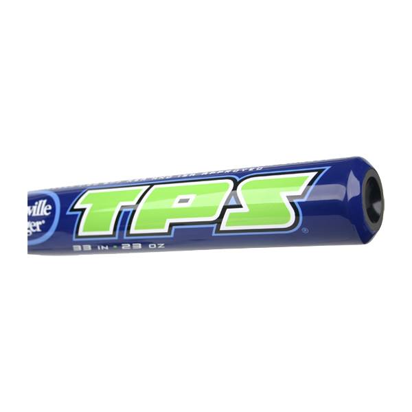 Side view of a blue Louisville Slugger bat with green TPS logo and 33 IN - 23 OZ text.