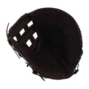 Top-down view of a dark brown baseball glove with a woven web and stitched finger stalls.
