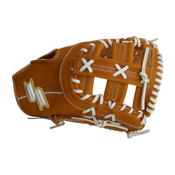 Side view of a tan baseball glove with white lacing and a gold logo.