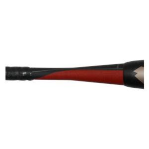 Side view of a black and red DeMarini CF6 Fastpitch Softball Bat with a textured grip and angled design.