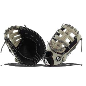Front view of a white and black baseball glove with a webbed finger area and an A logo.