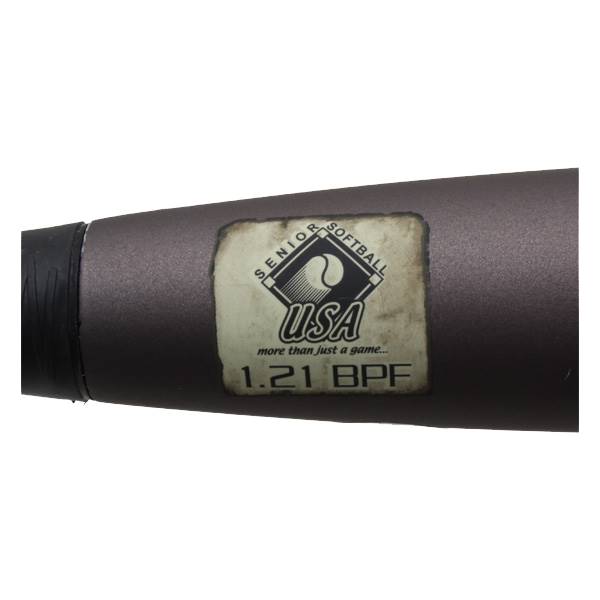 Close-up of a gray softball bat with a USA Senior Softball logo and 1.21 BPF text.