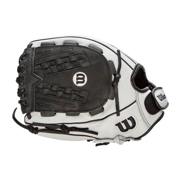 Side view of a white and black Wilson glove with a woven web and dual W logos.