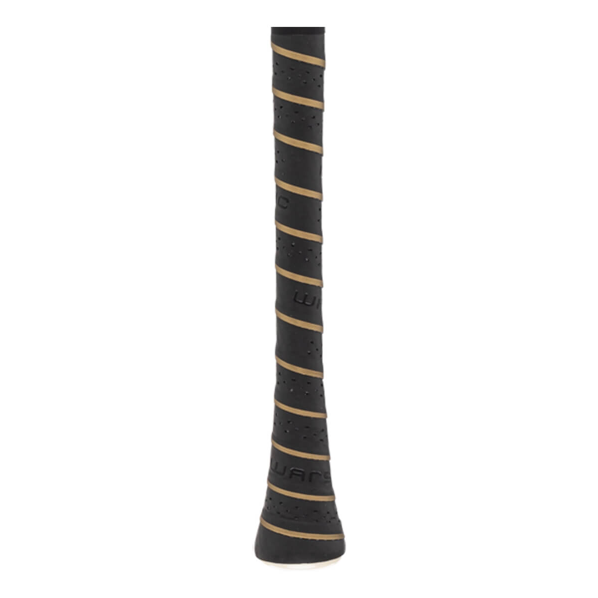 Close-up of a black perforated baseball bat grip with gold spiral accents and visible WAR branding.