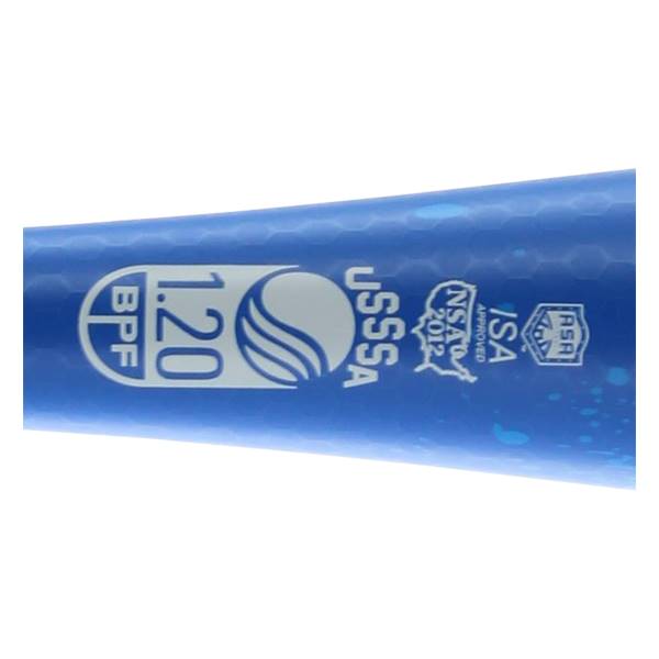 Close-up of a blue slow pitch softball bat with USSSA and ISA certifications.