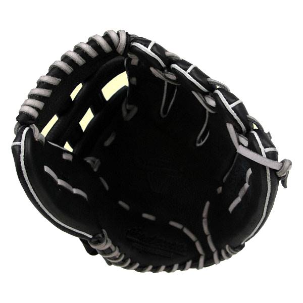Top-down view of a black baseball glove with white stitching and a textured palm.