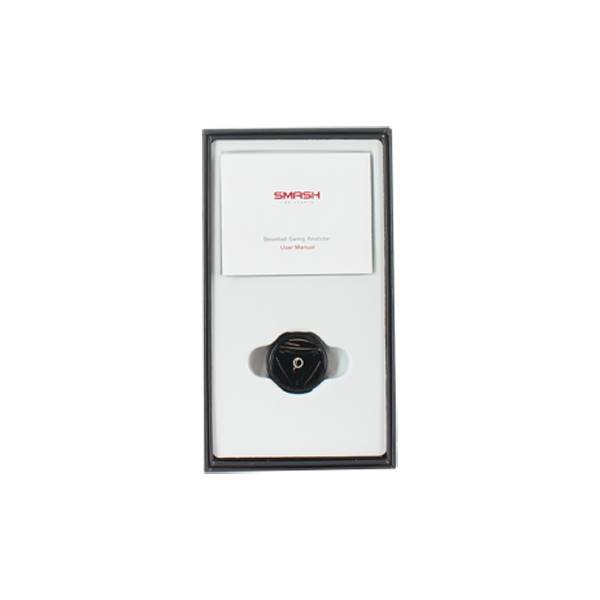 Top-down view of a black baseball swing analyzer with a circular target and SMASH branding.