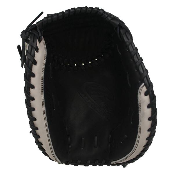 Top-down view of a black and white catchers mitt with braided lacing and a visible Mizuno logo.