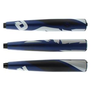 Top-down view of a blue and white baseball bat with a DeMarini logo and jagged graphic design.