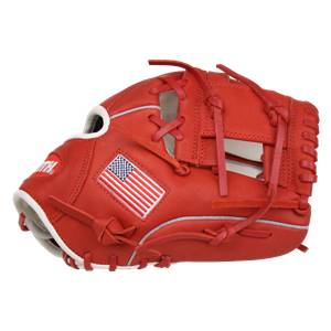 Side view of a scarlet red baseball glove with an American flag patch and white trim.