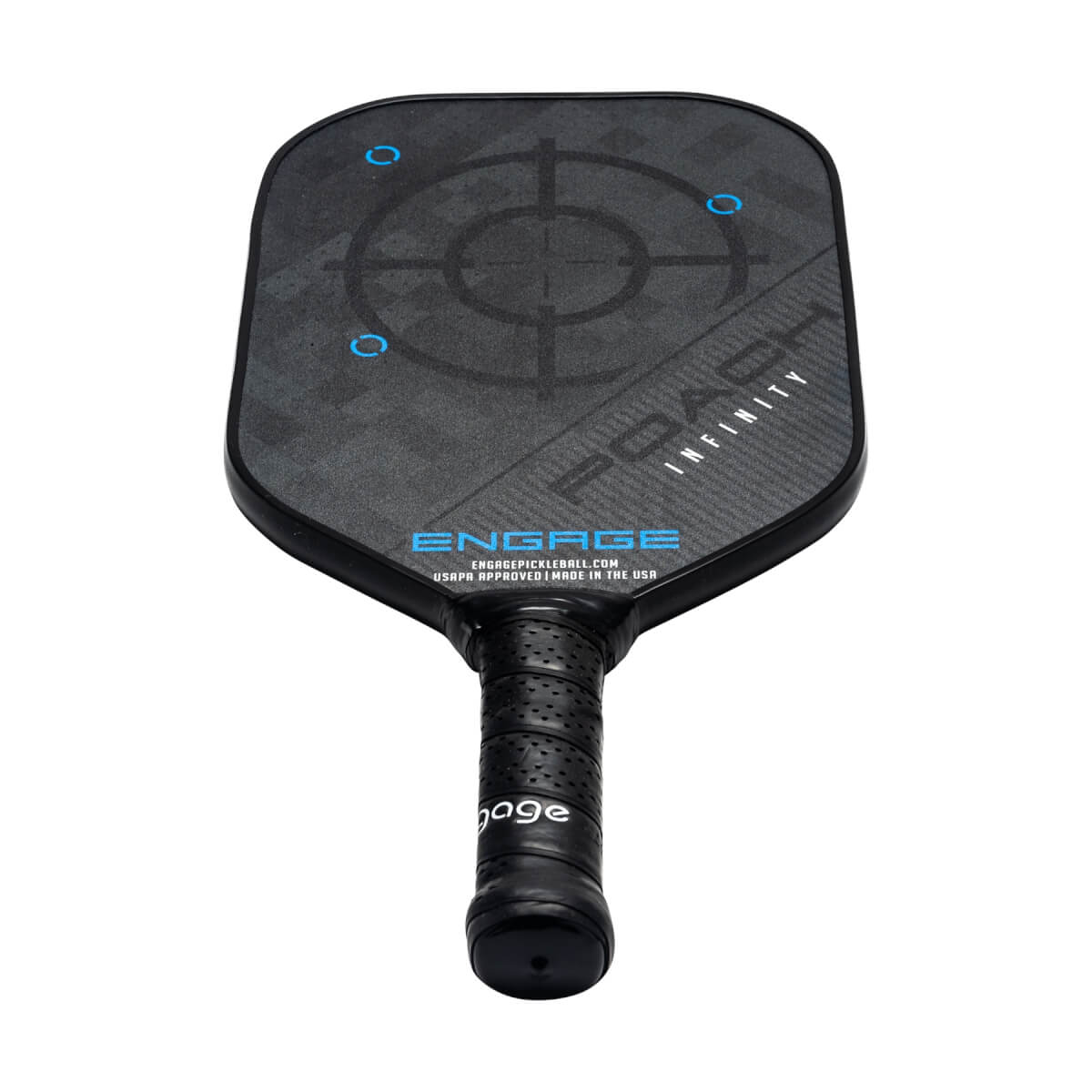 Top-down view of a black pickleball paddle with a target design and POACH INFINITY text.