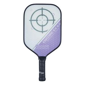 Front view of a white pickleball paddle with a target design, ENCORE EX 6.0, and ENGAGE branding.