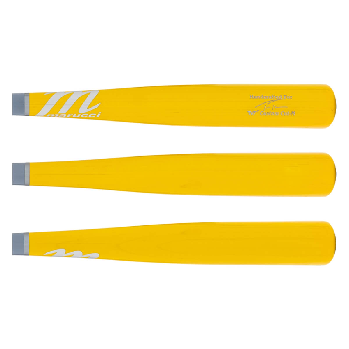 Side view of three yellow baseball bats with gray ends, Marucci logo, and signature detail.