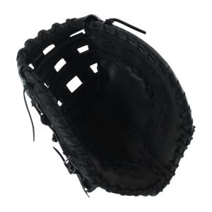 Top-down view of a black first base mitt with a mesh back and leather lacing.