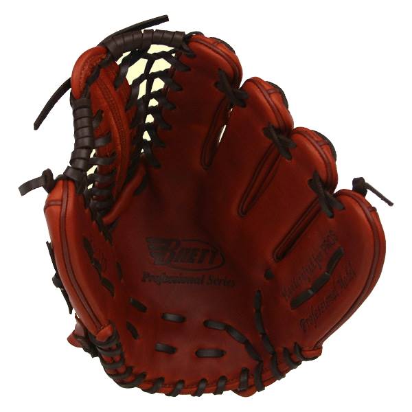Front view of a red baseball glove with black lacing and Brett Professional Series text.