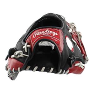 Top-down view of a black and red baseball glove with Rawlings branding and white lacing.