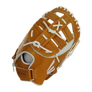 Side view of a tan Easton first base mitt with white lacing and a white palm lining.
