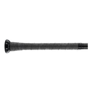 Close-up of a black baseball bat grip with a repeating pattern and the DeMarini logo.