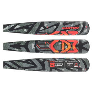 Full view of a grey and black baseball bat with a geometric pattern, orange Easton logo, MAV1, and USSSA branding.