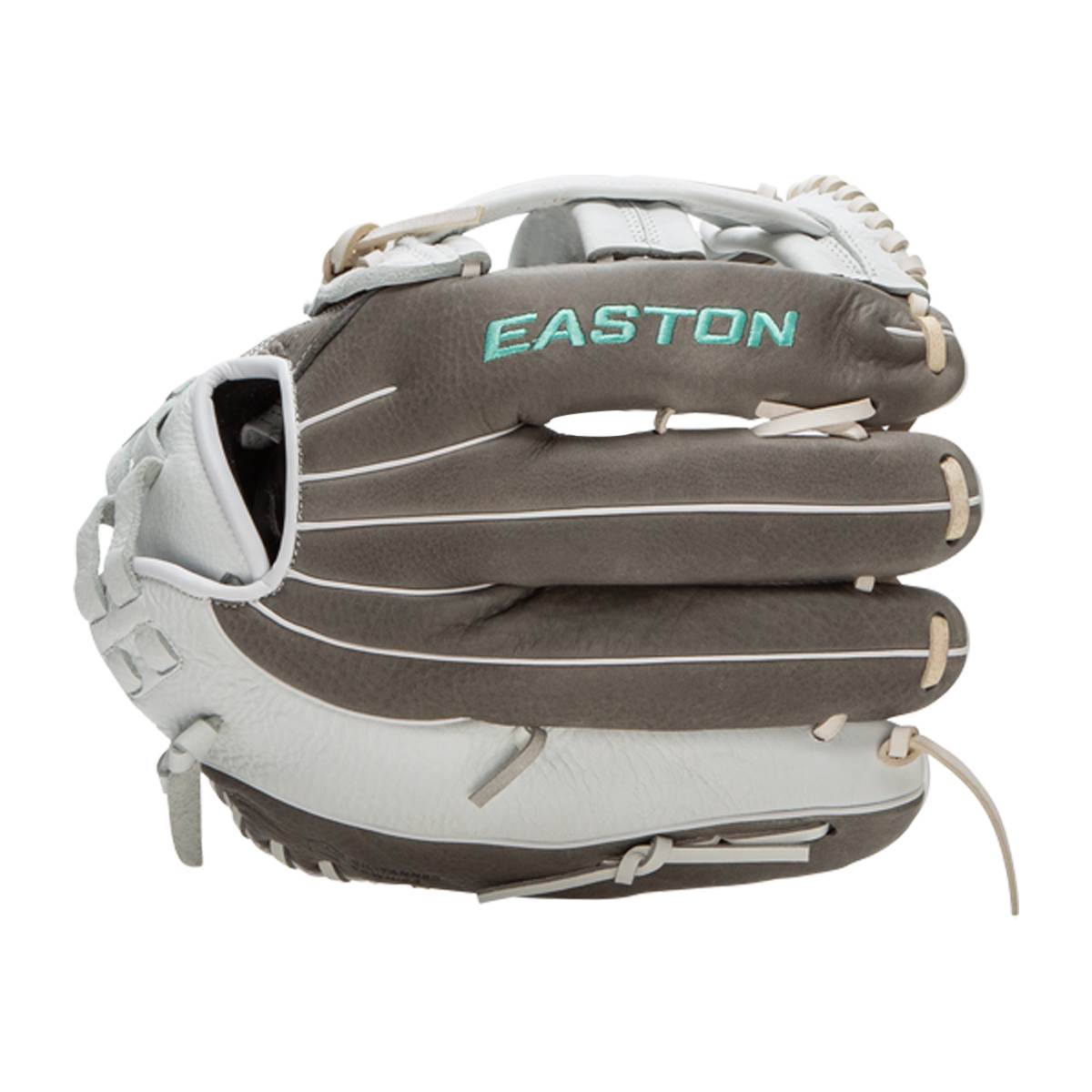 Angled front view of a dark gray and white softball glove featuring EASTON in teal lettering and white lacing.